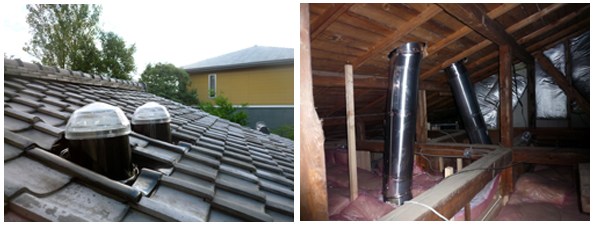 和瓦屋根に取り付けた採光ドームと小屋裏のチューブ